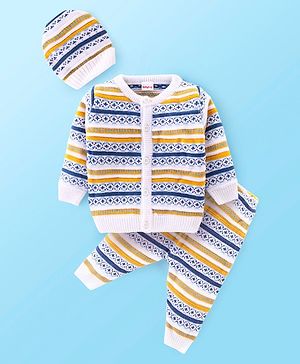 Babyhug Knit Full Sleeves Front Open Sweater Set with Cap & Stripes Design - Multicolour