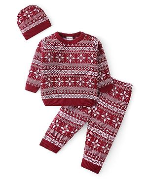 Babyhug Knitted Full Sleeves Sweater Set with Cap &  Intarsia Design - Red