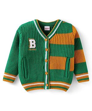 Babyhug Knitted Full Sleeves Front Open Sweater With Text Patch & Colour Block Design - Green & Yellow