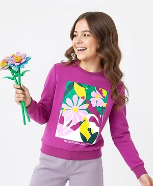 Pine Kids Cotton Knit Full Sleeves Sweatshirt With Floral Print - Purple