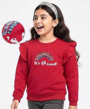 Pine Kids Cotton Knit Full Sleeves Sweatshirt With Sequined Rainbow Embroidery - Red