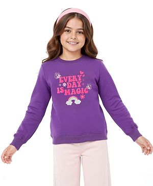 Pine Kids Cotton Knit Full Sleeves Sweatshirt With Rainbow & Text Print - Purple