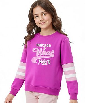 Pine Kids Cotton Knit Full Sleeves Sweatshirt With Stripes & Text Print - Purple