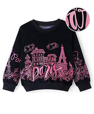 Pine Kids Velour Knit Full Sleeves Sweatshirt With Paris Theme Print - Black