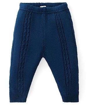 Babyhug Fleece Knit Full Length Woollen Pants With Cable Knit Design - Navy