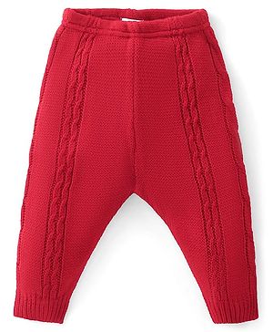 Babyhug Fleece Knit Full Length Woollen Pants With Cable Knit Design - Red