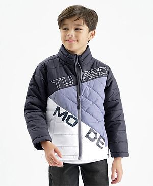 Primo Gino Full Sleeves Text Printed & Colour Block Puffer Jacket - Blue & White