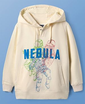 Pine Kids Cotton Knit Full Sleeves Hooded Sweatshirt with Space Theme Print - Cream