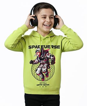 Pine Kids Cotton Knit Full Sleeves Hooded Sweatshirt with Space Theme Print - Lime Green