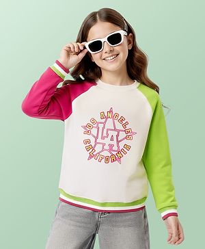 Pine Kids Cotton Knit Full Raglan Sleeves Sweatshirt with Text Print -Green Red & White