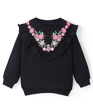 Pine Kids Cotton Knit Full Sleeves Sweatshirt With Floral Embroidery & Frill Detailing - Black