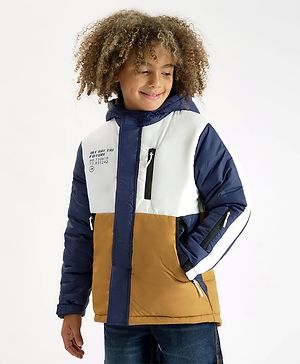 Primo Gino Woven   Full Sleeve Colour Block Hooded Puffer Jacket - Text Print - Brown Blue & White