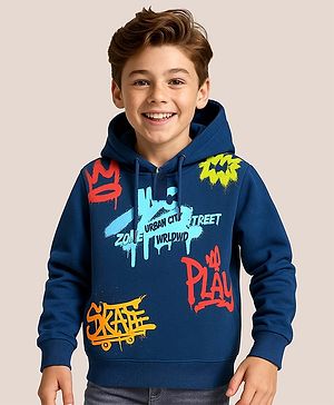 Pine Kids Cotton Knit Full Sleeves Graffiti Printed Hooded Sweatshirt - Navy Blue