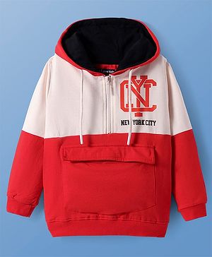 Pine Kids Cotton Knit Full Sleeves Cut & Sew Design Hooded Sweatshirt with Text Print - Red