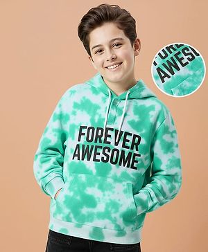 Pine Kids Cotton Knit Full Sleeves Hooded Sweatshirt with Text Print & Kangaroo Pockets - Sea Green & White