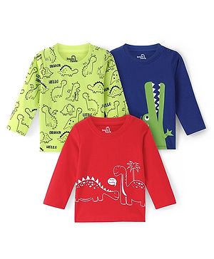 Doodle Poodle 100% Cotton Full Sleeves Dino Printed T-Shirts Pack of 3 - High Risk Red Limoges Navy & Wild Lime Green