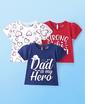 Doodle Poodle 100% Cotton Knit Half Sleeves Tops With Text & Heart Print Pack Of 3 - Red Navy White