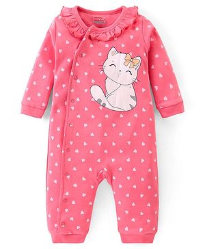 Babyhug Interlock 100% Cotton Knit Full Sleeves Full Length Romper With Frill Detailing & Kitten Print - Pink
