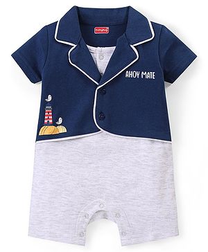 Babyhug 100% Cotton Half Sleeves  Romper with Light House Print- Navy Blue