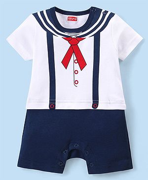 Babyhug 100% Cotton Half Sleeves Romper With Bow Print - Navy Blue