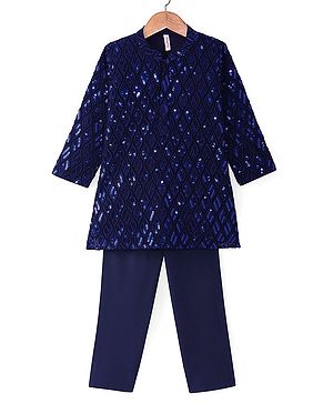 Babyhug Woven Full  Sleeves Sequined Embroidered  Kurta Pyjama Set - Navy Blue