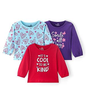 Doodle Poodle 100% Cotton Knit Full Sleeves Heart Print Tops Pack of 3 - Purple Red & Blue