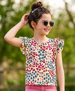 Pine Kids Cotton Frill Sleeves Heart & Floral Printed Top - Multicolour
