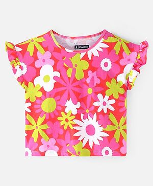 Pine Kids Cotton Knit Half Sleeves Floral Printed Top - Multicolour
