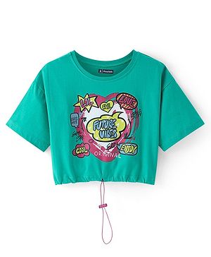 Pine Kids Cotton Knit Half Drop Shoulder Sleeves Crop T-Shirt with Heart Print - Green