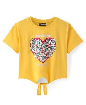 Pine Kids Cotton Knit Half Drop Shoulder Sleeves T-Shirt with Knit Detailing Heart & Floral Print - Yellow