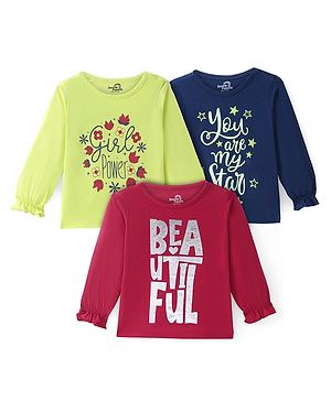 Doodle Poodle 100% Cotton Knit Full Sleeves Text & Floral Printed Tops Pack of 3 - Lime Green Navy & Maroon