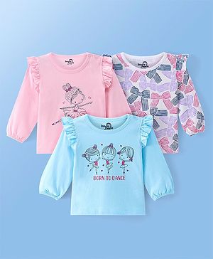 Doodle Poodle 100% Cotton Full Peasant Sleeves Tops with Frill Detailing Bow Print Pack of 3 - Pink White & Blue