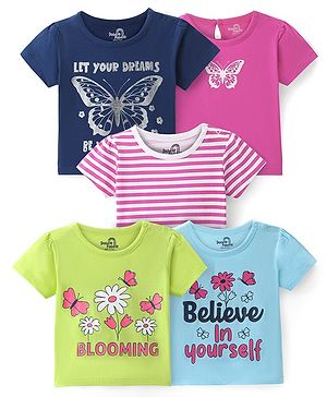 Doodle Poodle 100% Cotton Half Sleeves T-Shirts Striped Butterfly & Text Print Pack of 5 - Multicolour