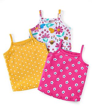 Babyhug 100% Cotton Knit Singlet Sleeves Antibacterial Slips  with Floral & Polka Dots Print Pack of 3 - Pink White & Yellow