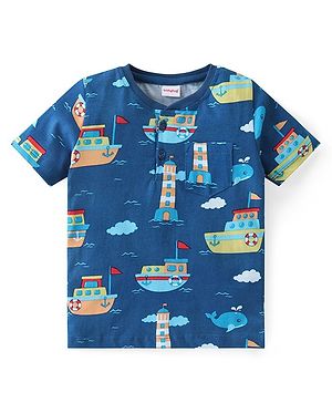 Babyhug Cotton Knit Half Sleeves Henley T-Shirt With Lighthouse & Ships Print - Navy Blue