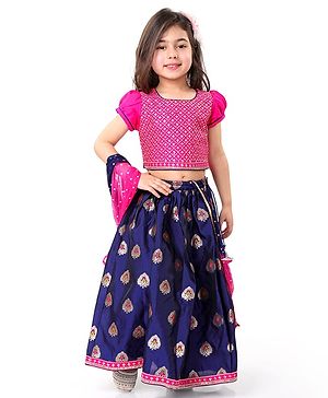 Babyhug Woven Half Sleeves Sequined Embroidered Choli Lehenga Set with Dupatta  - Navy Blue & Pink