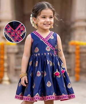 Babyhug Cotton Woven Sleeveless Foil Printed Ethnic Dress - Navy Blue