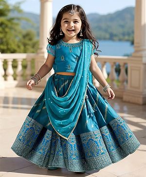 Babyhug Woven Short Sleeves Mirror Work & Sequin  Embroidered Choli & Lehenga Set with Dupatta  - Teal Blue