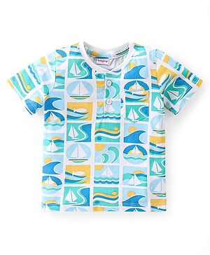 Babyhug Cotton Knit Half Sleeves Henley T-Shirt With Sailboats Print - White