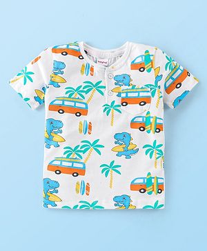 Babyhug Cotton Knit Half Sleeves T-Shirt With Beach Theme Print - White