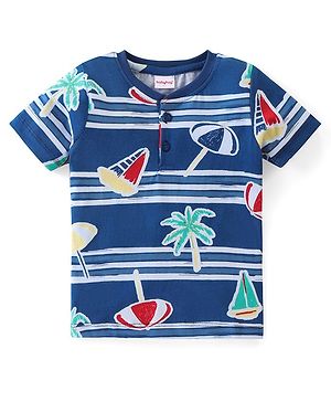 Babyhug Cotton Knit Half Sleeves Boats Printed T-Shirt with Henley Neck - Navy