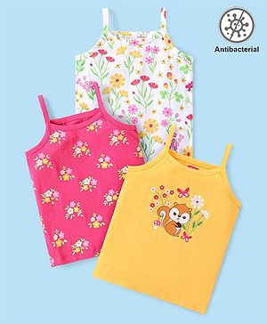 Babyhug 100% Cotton Knit Sleeveless Antibacterial Slips  with Floral & Squirrel Print Pack of 3 - White Pink & Yellow
