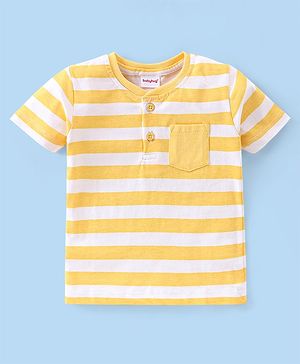 Babyhug Cotton Knit Half Sleeves Striped Henley T-Shirt - Mustard