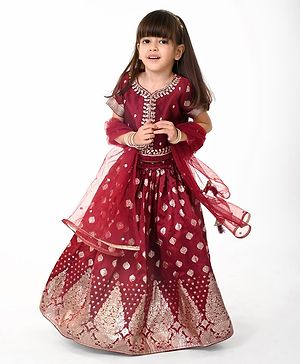 Babyhug Woven Short Sleeves Embroidered Choli With Lehenga & Dupatta Set -   Maroon