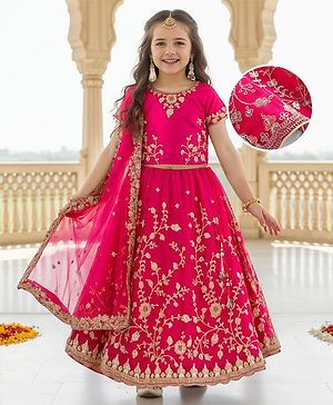 Babyhug Woven Half Sleeves Choli Lehenga & Dupatta Set with Floral Embroidery - Fuschia Pink