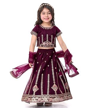 Babyhug Woven Half Sleeves Shimmered Floral Embroidered Choli Lehenga Set with Dupatta - Wine