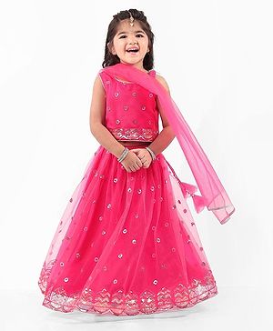 Babyhug   Sleeves Sequined Embroidered Choli Lehenga Set with Net Dupatta - Dark Pink