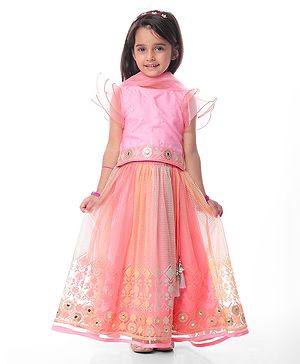 Babyhug  Woven Frill Sleeves Choli Lehenga Set & Dupatta with Sequin Design & Lace Detailing - Pink