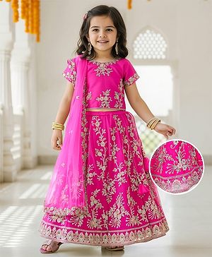 Babyhug Woven Half Sleeves Embroidered Choli Lehenga & Dupatta Set - Fuschia