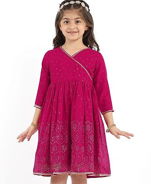 Babyhug Woven Three Fourth Sleeves Ethnic Dress with Sequin & Lace Detailing - Dark Pink